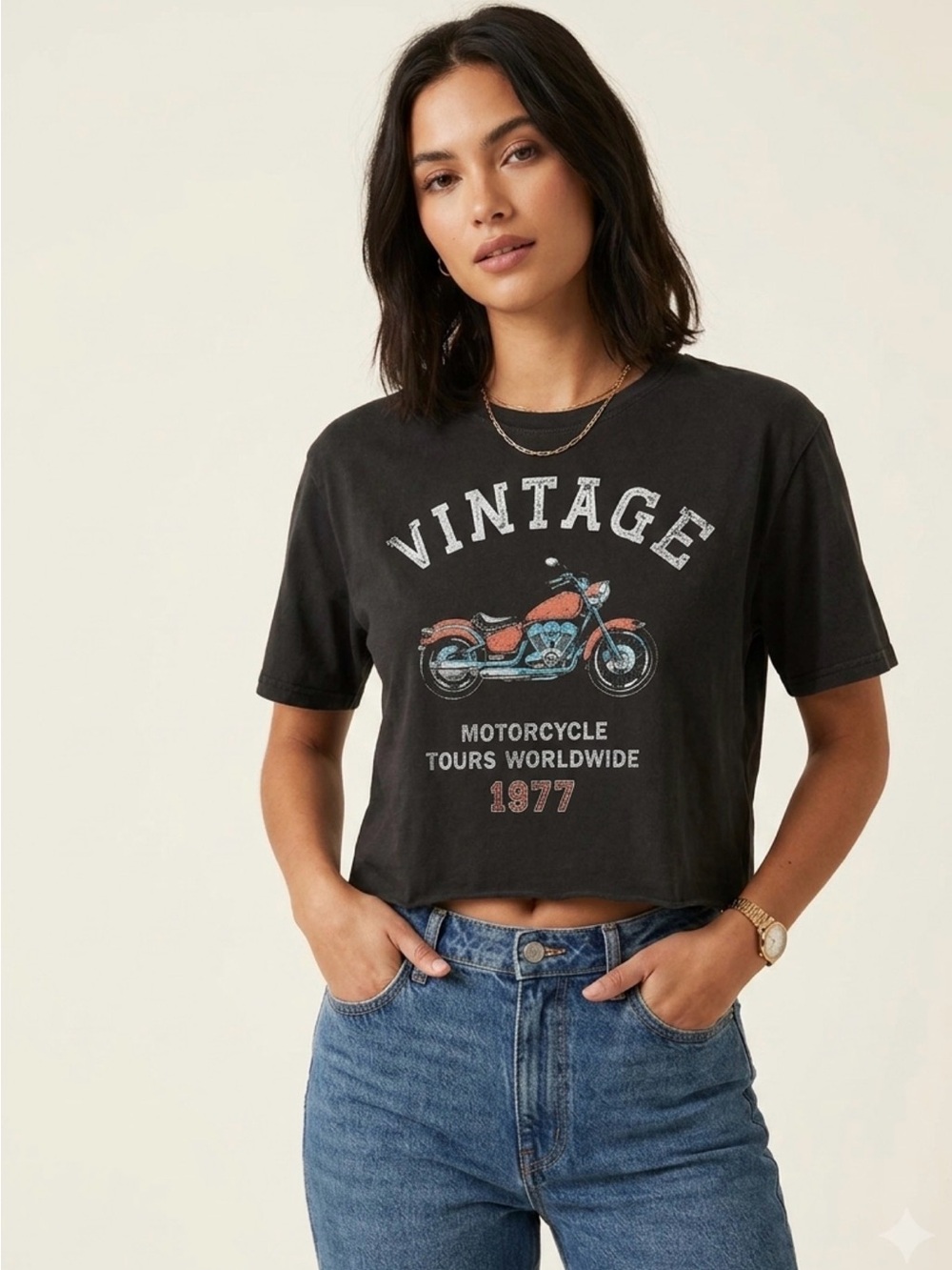 Zutter Vintage Graphics Grunge Revival Motorcycle 100% Cotton Cropped Tee medium
